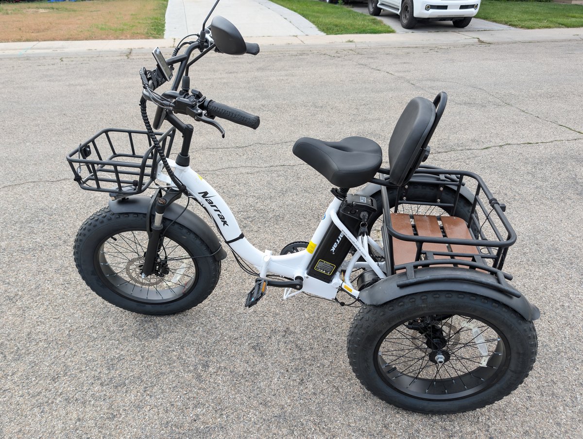 White three wheeled electric bike with rear seat